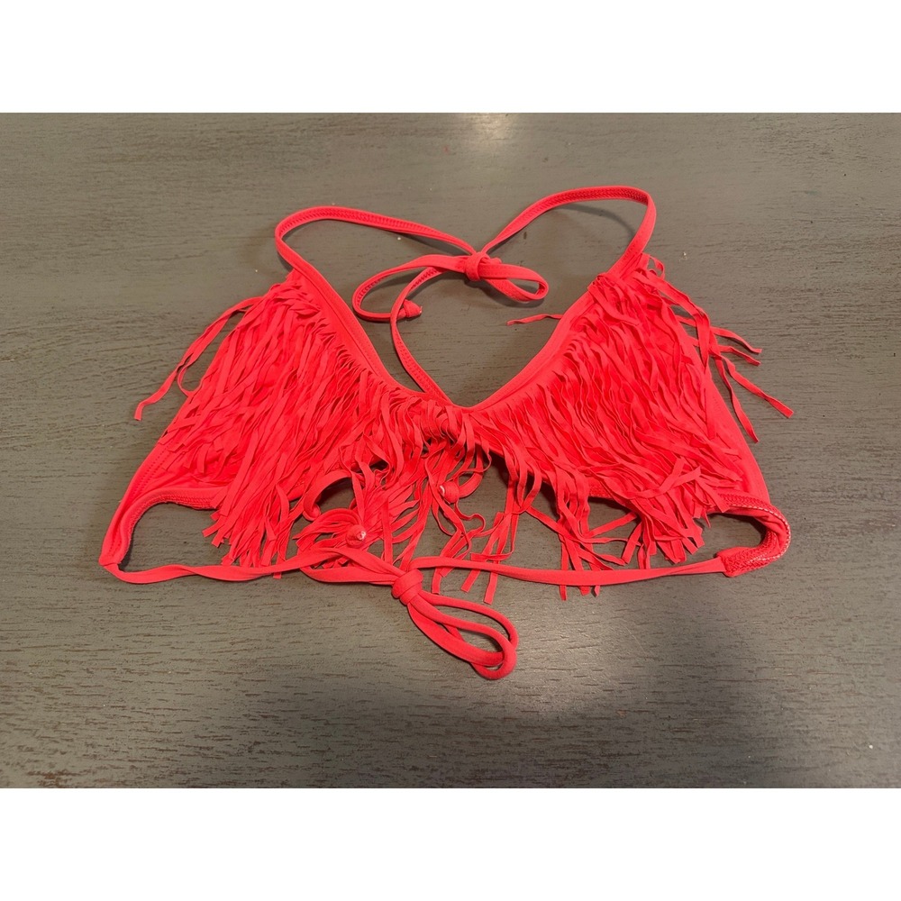 L*Space Womens Medium Neon Coral Fringe Triangle Bikini Top Made in USA NWOT